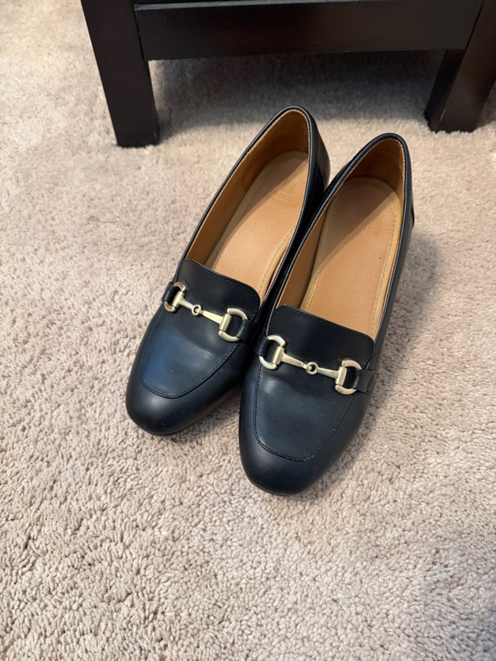White Mountain Black Loafers with Gold Horsebit Accent